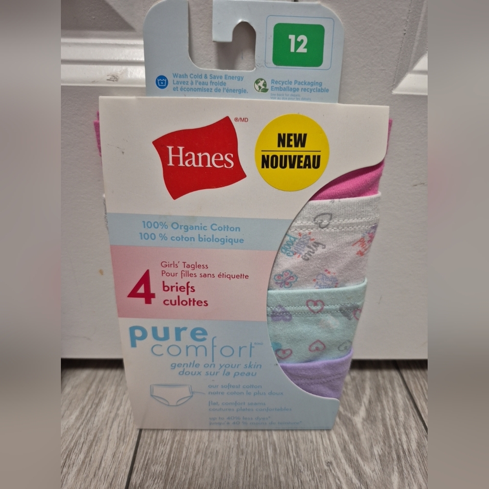 4 Pairs Of Hanes Girls' Tagless Briefs Underwear Pure Comfort. Organic Cotton.